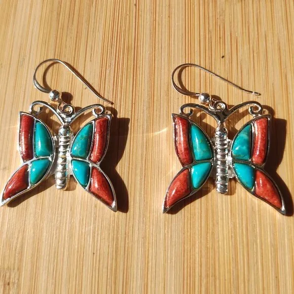 Jay King DTR Butterfly Turquoise coral earrings 925 Sterling Silver  Very cute - Picture 4 of 10
